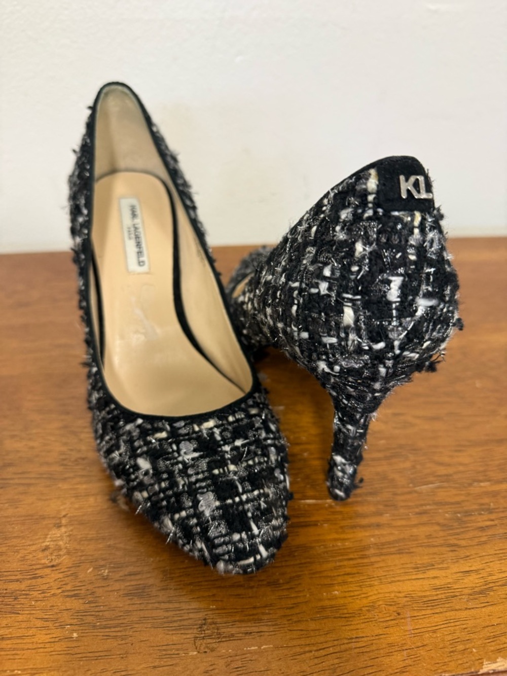 Karl Lagerfeld Black and White Tweed Pointed Pumps